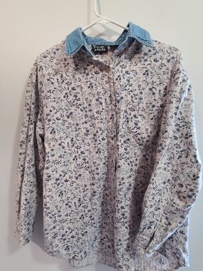 Lemon Grass Floral Button-Down Shirt with Denim Collar - Light Beige/Blue Sz M